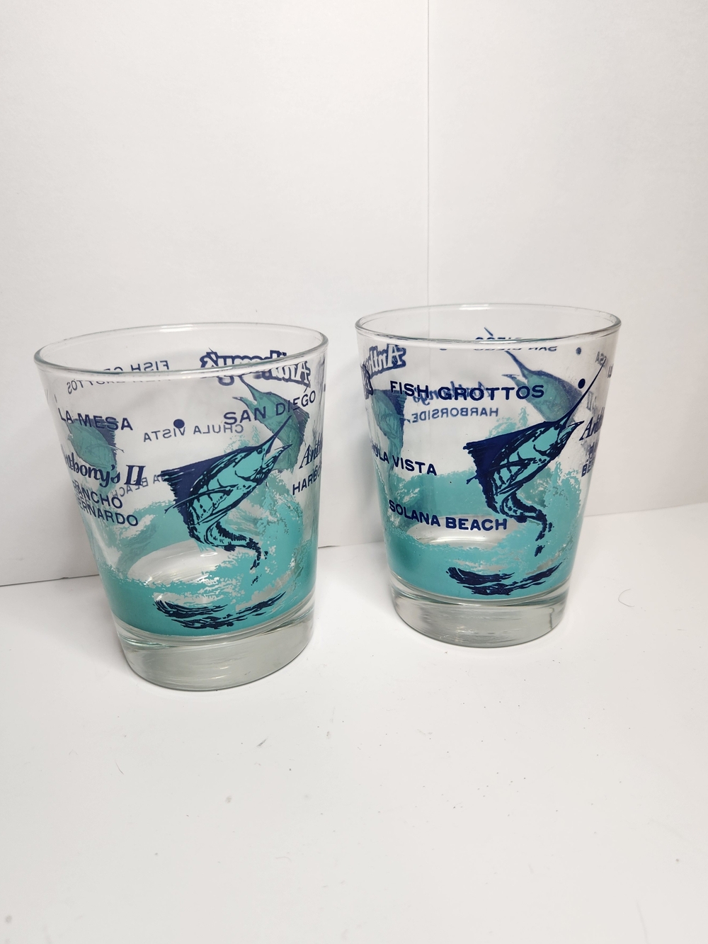 Vtg mid century Anthony's Harborside Fish Grottos bar ware glasses